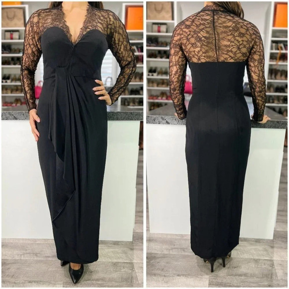 Catherine Malandrino Black Lace Full Sleeved Wrap Gown $330 - Picture 1 of 11